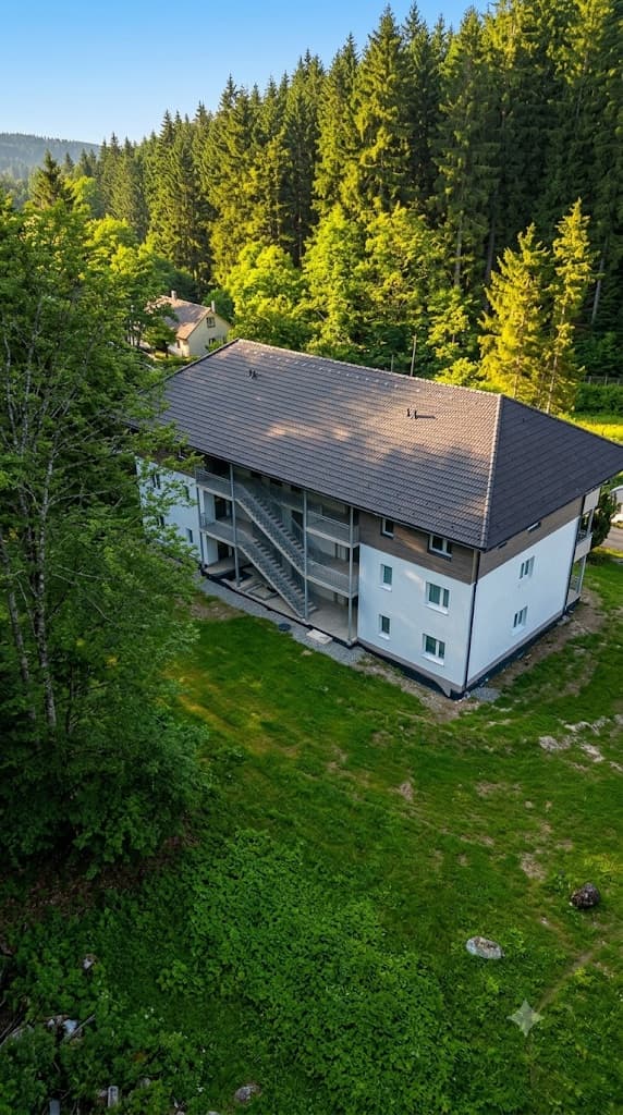 Tree House Apartments im Sommer, Luftaufnahme