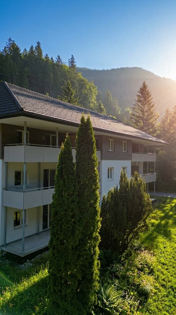 Tree House Apartments im Sommer, Abendlicht mit Bergblick